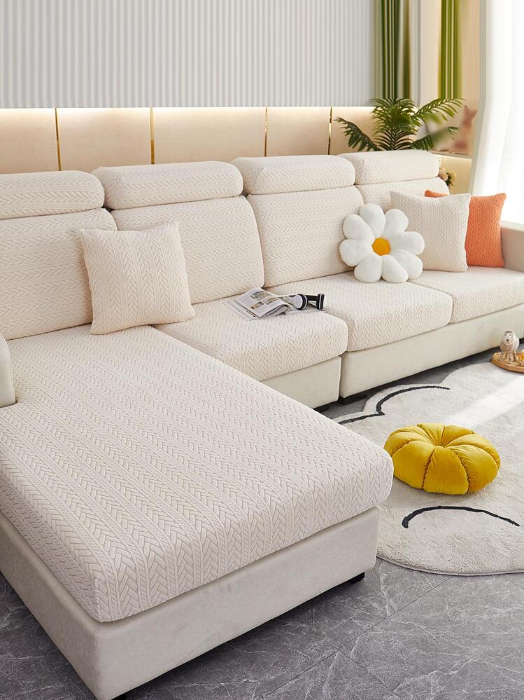 1 pieza jacquard elástico sofá asiento poliéster sofá asiento polvo para en forma de L sofá o sofá - Beis - Ver 4