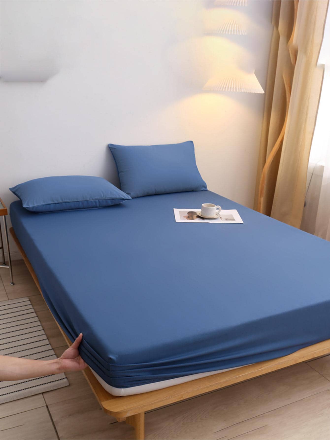 3 cái/bộ Bộ ga trải giường màu xanh lam, Bộ ga trải giường hiện đại (Bộ ga trải giường vừa vặn 1 chiếc, Vỏ gối 2 chiếc không có chất độn), Dành cho gia đình - Màu xanh lam - Xem 1