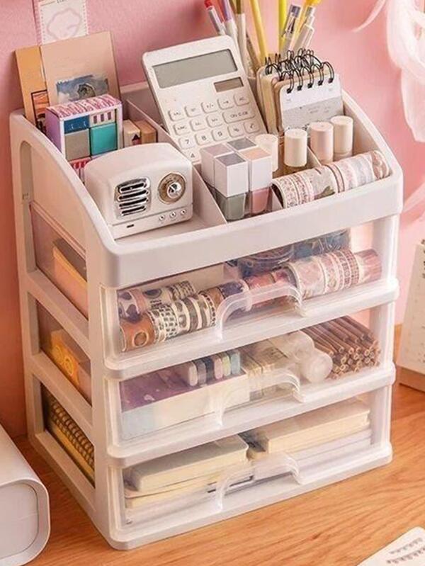 1pc Solid Color Stationery Storage Box, Simple Multigrid Desk Holder