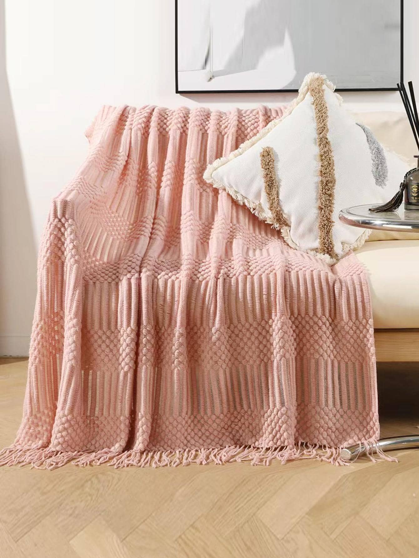 1pc Solid Color Throw Blanket, Minimalist Fabric Throw Blanket For Home - Pink - View 1
