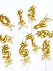 1pc Bowknot Number Birthday Candle, INS Style Cake Topper For Adult Party Decoration - Gold - View 2