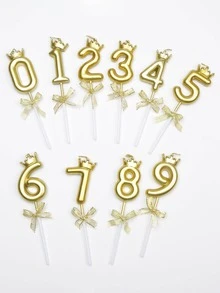 1pc Bowknot Number Birthday Candle, INS Style Cake Topper For Adult Party Decoration - Gold - View 3