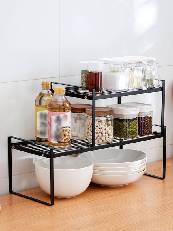 1pc Iron Spice Storage Rack, Modern Solid Color Black Multi-layer Spice Storage Rack For Kitchen