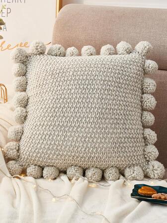 1pc Pom Pom Decor Cushion Cover Without Filler, Modern Knitted Fabric Decorative Throw Pillow Case For Living Room, Home Decor