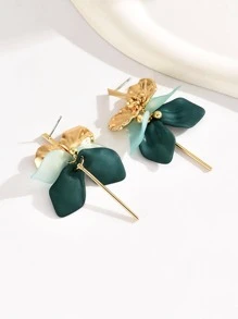 1 对女士叶花瓣设计金色长耳环 - 綠色 - 查看 3