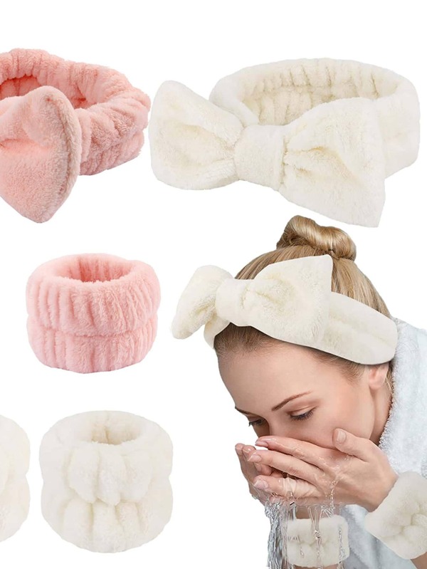 3pcs/set Solid Bath Headband & Wrist Band, Modernist Polyester Bow Decor Bath Hairlace For
