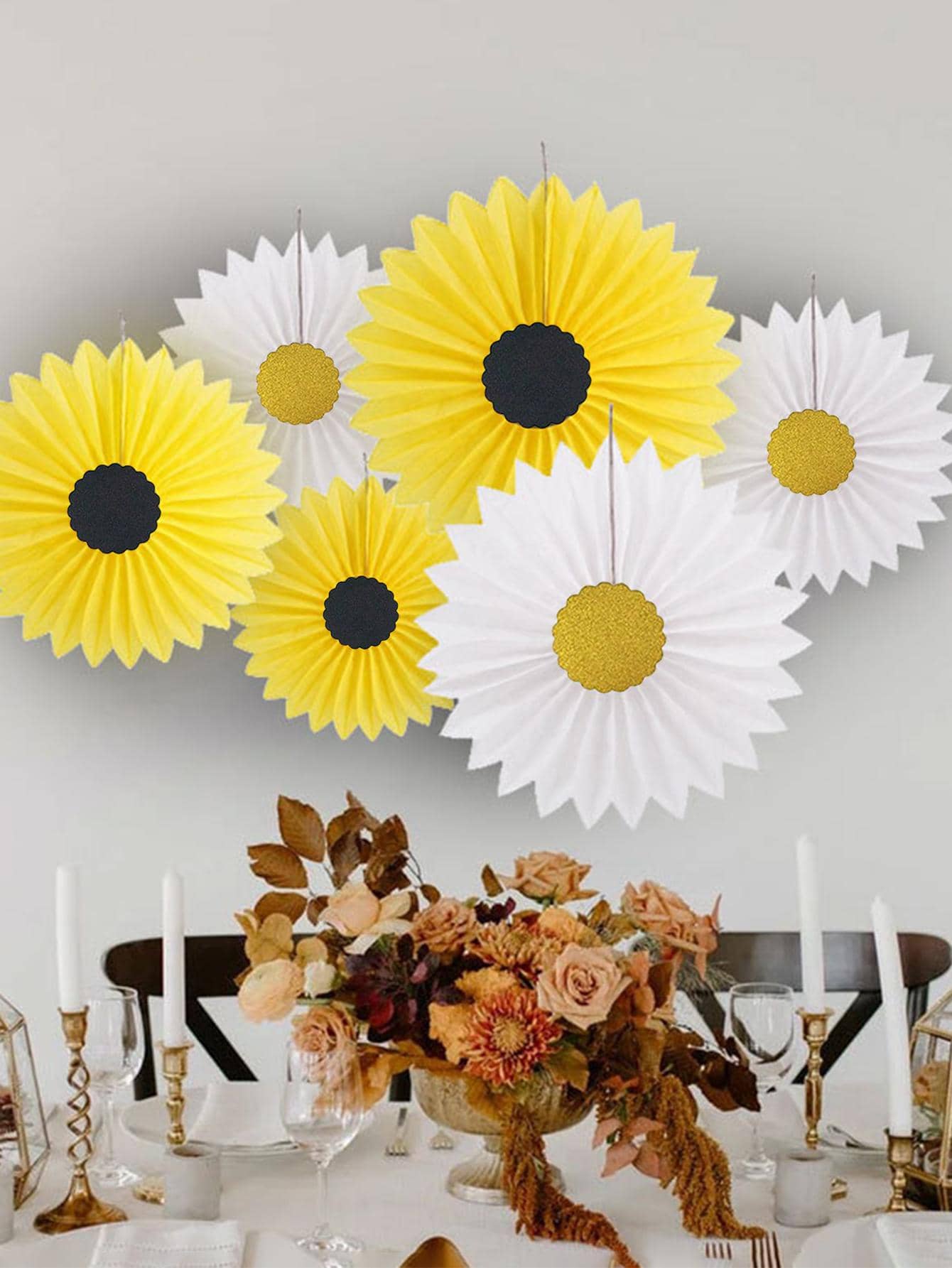 3入組花朵形狀懸挂紙扇 - 黃色 - 查看 1