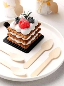 50 piezas/paquete Cucharas de madera para helado de 11 cm, cucharas desechables para postres, utensilios de cocina - Beis - Ver 3