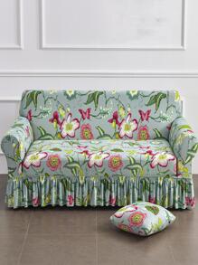 1入組花朵圖案荷葉邊沙發套 - 彩色 - 查看 1