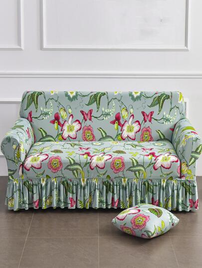 1入組花朵圖案荷葉邊沙發套