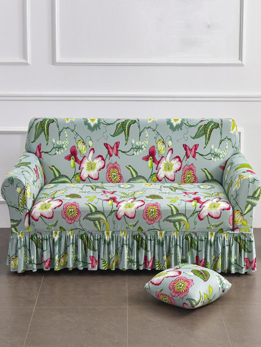 1入組花朵圖案荷葉邊沙發套 - 彩色 - 查看 1