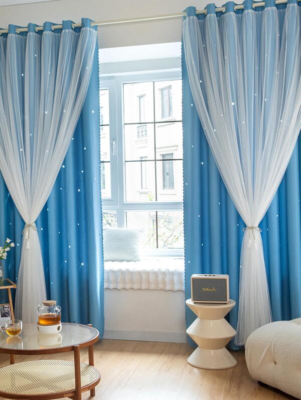 1pc Two Tone Curtain, Modern Polyester Star Decor Blackout Curtain For Living Room
