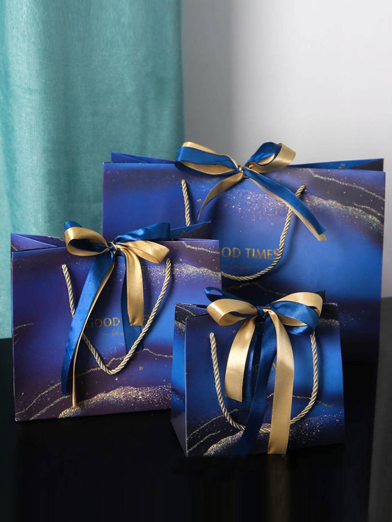 5 件大理石印花礼品袋，现代丝带装饰纸质礼品包装袋，适合生日礼物、结婚礼物、圣诞节情人节 - 藍色 - 查看 1