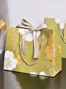 5入組花卉印花禮品袋現代絲帶裝飾花卉和葉子印花禮品包裝袋適合派對、假日 - 綠色 - 查看 3