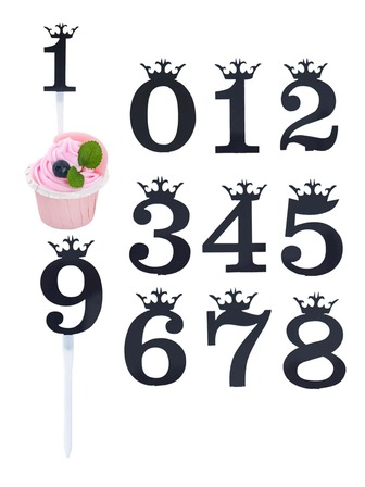 10pcs Number Design Cake Topper, Simple Black Crown & Number Decor Cake Top Decoration For Party, Holiday