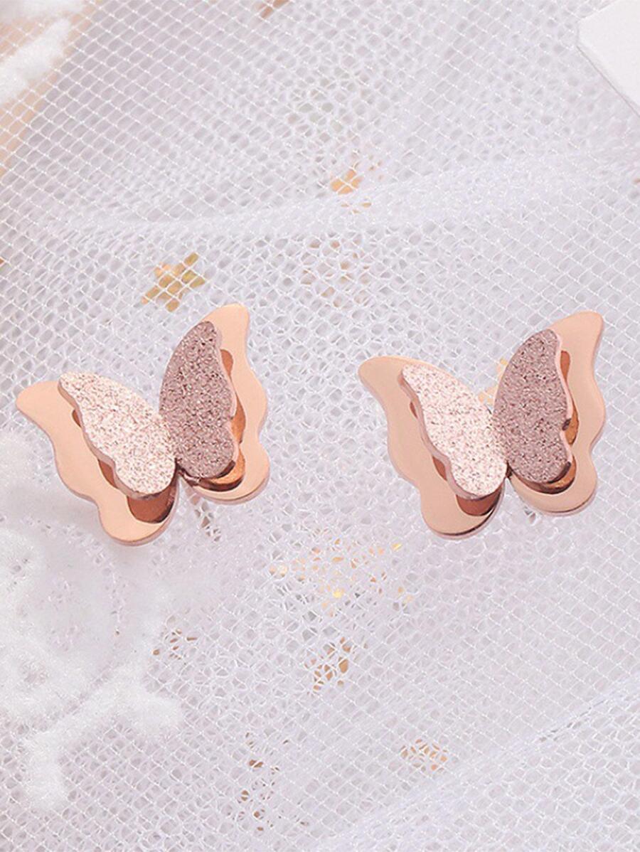 1對時尚蝴蝶裝飾耳釘適合女士日常裝飾 - 玫瑰金 - 查看 1