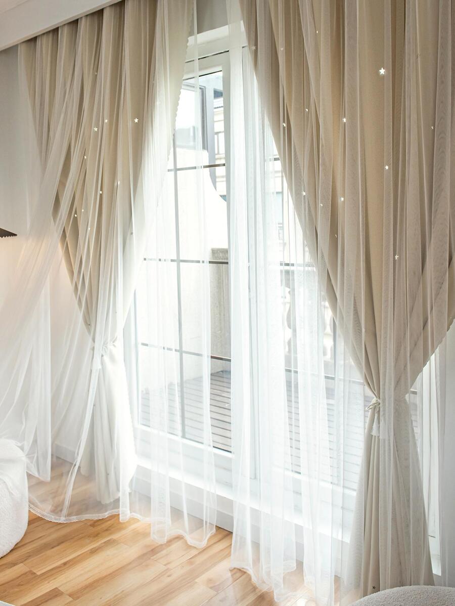 1pc Hollow Star Shaped Double Layer Polyester And Lace Curtain, Bedroom Darkening Blackout Curtain, Cute Princess Style Perfect For Festivals