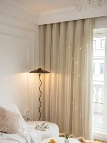 1pc Hollow Star Shaped Double Layer Polyester And Lace Curtain, Bedroom Darkening Blackout Curtain, Cute Princess Style Perfect For Festivals