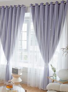 1入組鏤空星形滌綸蕾絲雙層臥室遮光窗簾，節日使用，可愛獨特公主風格，紫色 - 紫色 - 查看 1