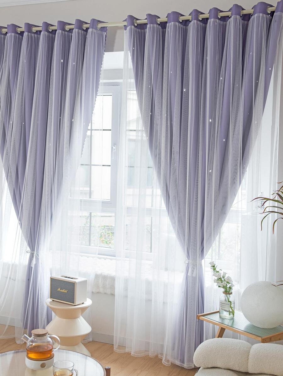 1入組鏤空星形滌綸蕾絲雙層臥室遮光窗簾，節日使用，可愛獨特公主風格，紫色 - 紫色 - 查看 1