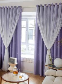 1入組鏤空星形滌綸蕾絲雙層臥室遮光窗簾，節日使用，可愛獨特公主風格，紫色 - 紫色 - 查看 3