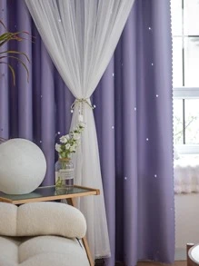 1入組鏤空星形滌綸蕾絲雙層臥室遮光窗簾，節日使用，可愛獨特公主風格，紫色 - 紫色 - 查看 5