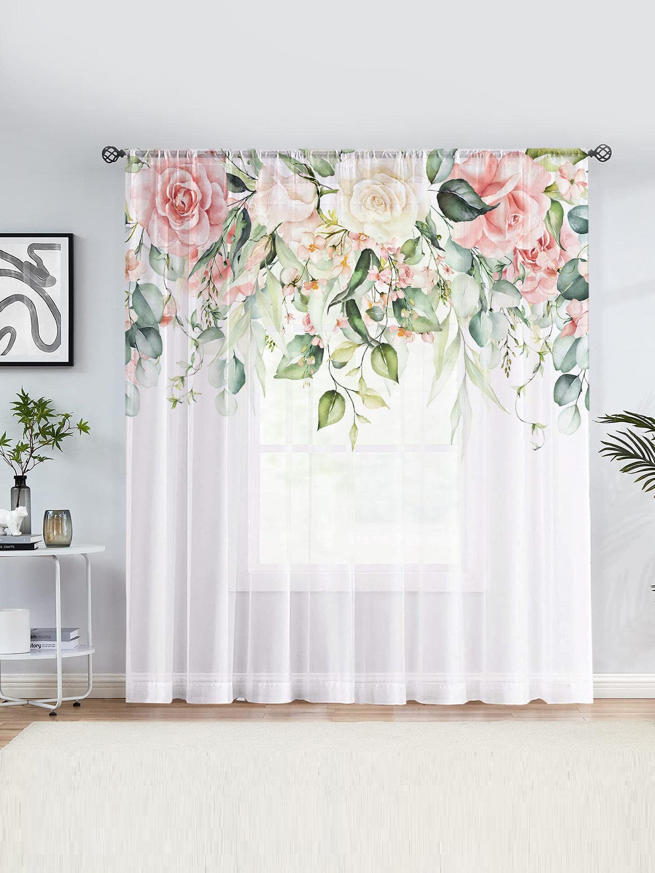 1 Pieza Cortina Transparente Con Decoración Floral Y Estampado De Rosas - Multicolor - Ver 1