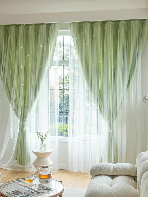1pc Hollow Star Design Polyester With Lace Double Layer Blackout Curtain For Bedroom, Cute Princess Style Window Treatment, Suitable For Festivals