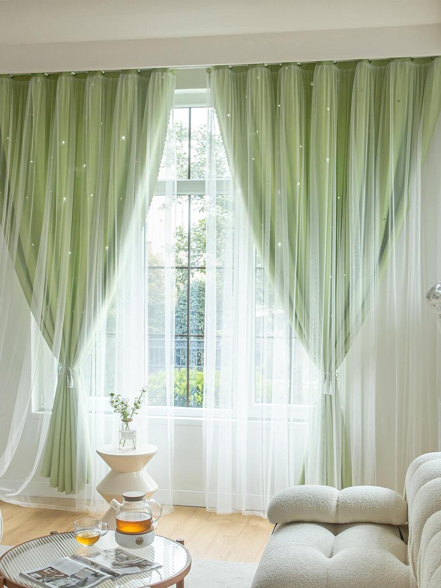 1 pieza Cortina doble de poliéster con diseño de estrellas huecas y encaje, con forro opaco, para dormitorio. Tratamiento de ventana lindo estilo princesa, adecuado para festivales - Verde - Ver 1