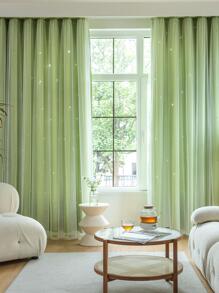 1 pieza Cortina doble de poliéster con diseño de estrellas huecas y encaje, con forro opaco, para dormitorio. Tratamiento de ventana lindo estilo princesa, adecuado para festivales - Verde - Ver 4