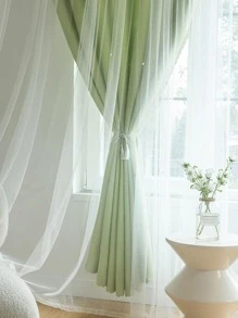 1 pieza Cortina doble de poliéster con diseño de estrellas huecas y encaje, con forro opaco, para dormitorio. Tratamiento de ventana lindo estilo princesa, adecuado para festivales - Verde - Ver 7