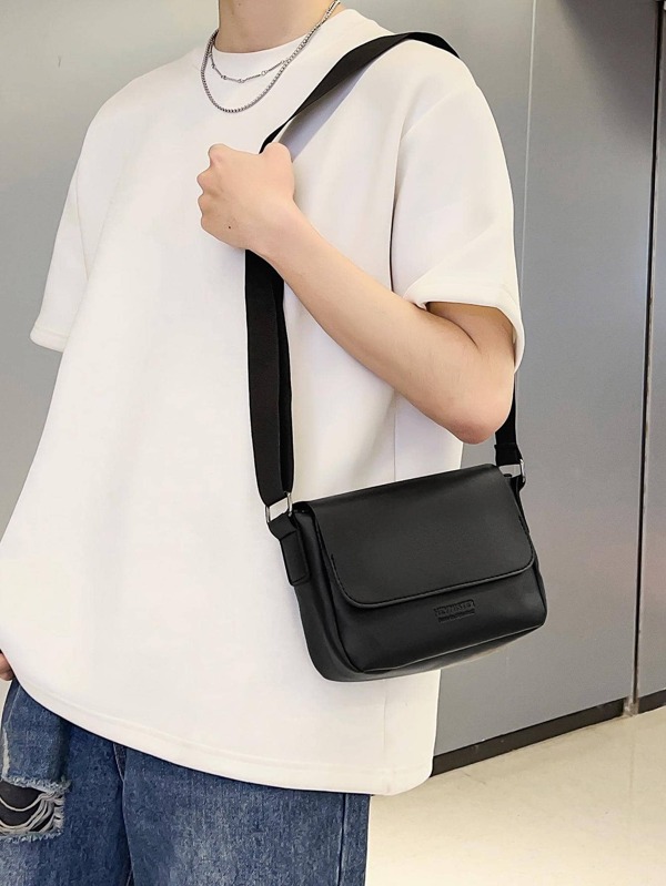 Men's Business Style Minimalist Letter Print Crossbody Bag With Flap Leather Business Casual Shoulder Bag Side Bag Sling Bag For Travel Vacation School Holiday Sport Waterproof Lightweight Dorm University Sling Bag Side Bag Tote Bag Retro Bag Black Bag Holiday Essentials Bag Camping Sling Bag Back To School Vintage Bags Gift Bag Pack Spring Sling Bag Mini Bag Small Bag Side Bags For Men Small Bag For Men Body Bag For Men Pouch Waterproof Backpack