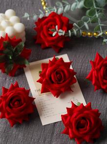 6pcs/set Plastic Artificial Flower Head With Pole, Creative Rose Design Simulation Flower Head For Party - Red - View 1