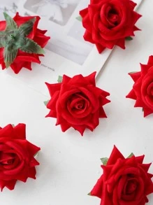 6pcs/set Plastic Artificial Flower Head With Pole, Creative Rose Design Simulation Flower Head For Party - Red - View 4