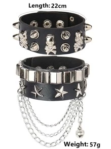 2pcs/set Punk Skull & Star Decor PU Polyurethane Bangle  For Women For Daily Decoration