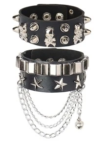 2pcs/set Punk Skull & Star Decor PU Polyurethane Bangle  For Women For Daily Decoration