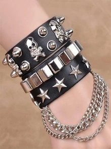 2pcs/set Punk Skull & Star Decor PU Polyurethane Bangle  For Women For Daily Decoration
