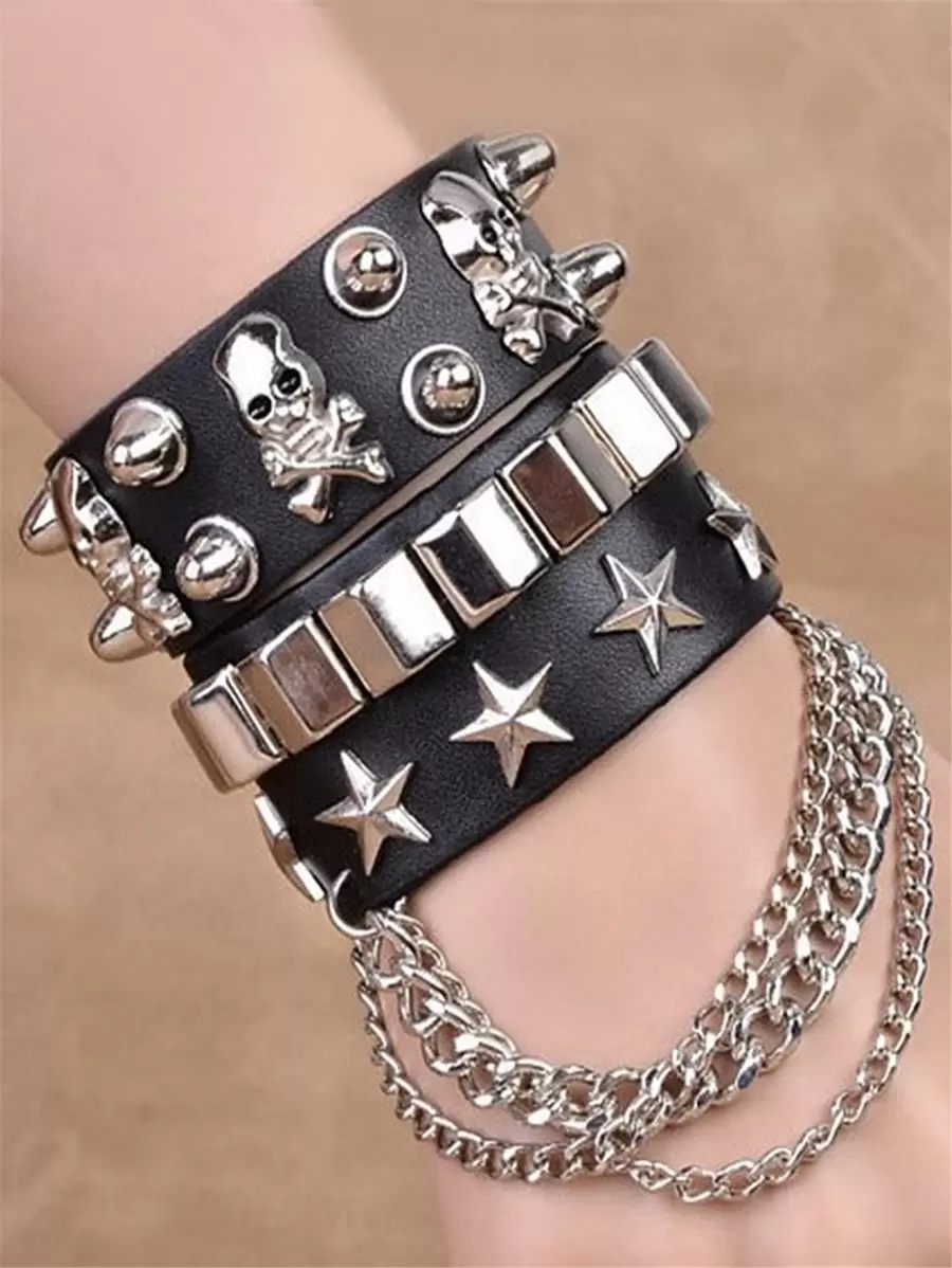 2pcs/set Punk Skull & Star Decor PU Polyurethane Bangle  For Women For Daily Decoration
