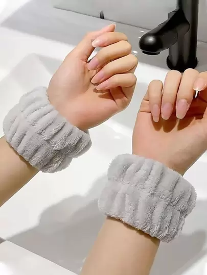 1對素色毛絨沐浴腕帶現代灰色滌綸腕帶用於浴室洗臉