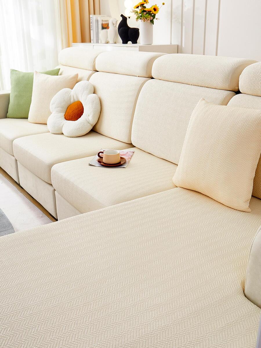 1 pieza unicolor elástico sofá Cojín del asiento moderno poliéster Funda de cojín de sofá para casa - Beis - Ver 1