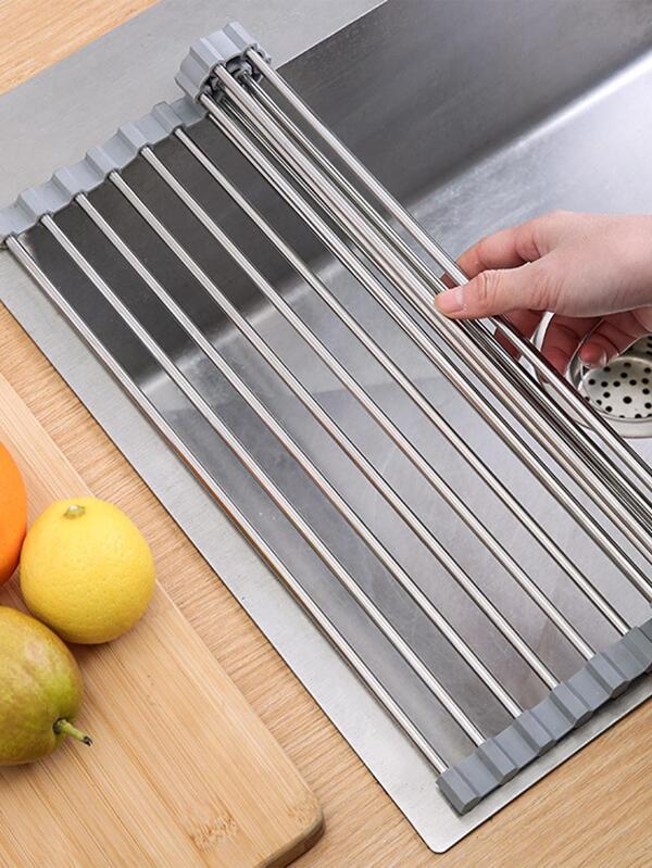 1pc Stainless Steel Draining Rack, Minimalist Plain Silver Foldable