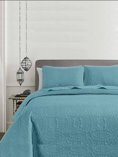 3pcs/set Teal Blue Flower Embossed Duvet Cover Set (1pc Comforter Cover & 2pcs Pillowcase), Modern Fabric Duvet Cover Set Without Filler For Home