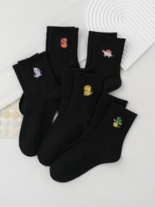 5pairs Women Cartoon Dinosaur Embroidered Cute Crew Socks, For Daily Life - Black - View 2