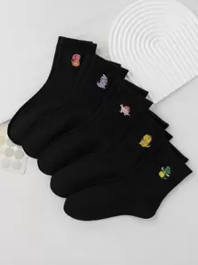 5pairs Women Cartoon Dinosaur Embroidered Cute Crew Socks, For Daily Life - Black - View 1