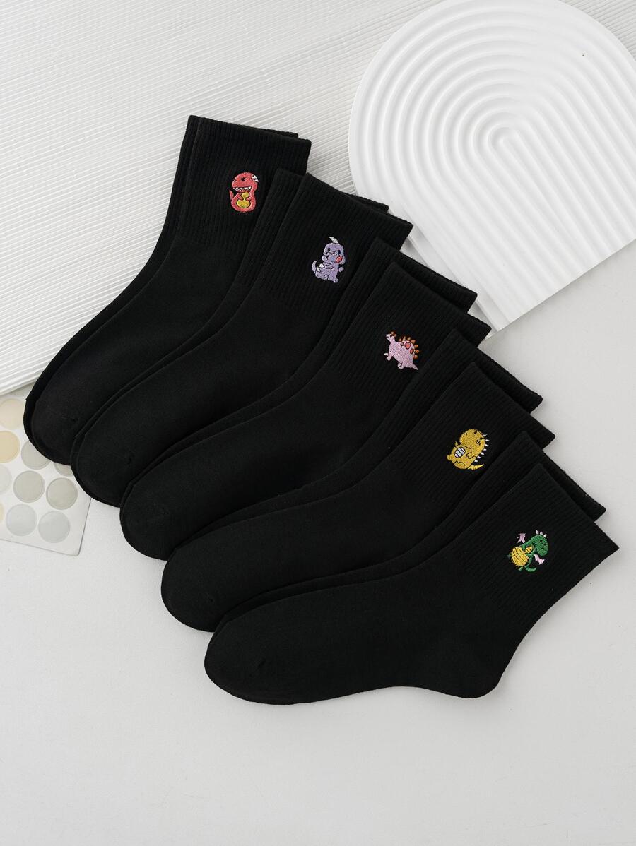 5pairs Women Cartoon Dinosaur Embroidered Cute Crew Socks, For Daily Life - Black - View 1