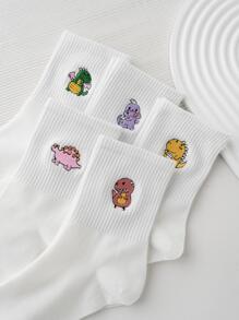5雙裝女式卡通恐龍刺繡可愛圓襪適合日常生活 - 查看 3