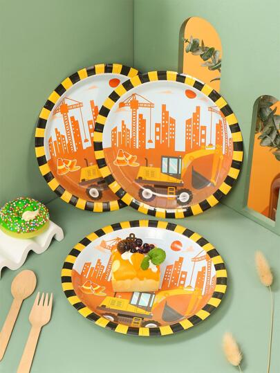 10入組挖掘機圖案一次性盤子卡通建築印花一次性紙盤適合派對、假日