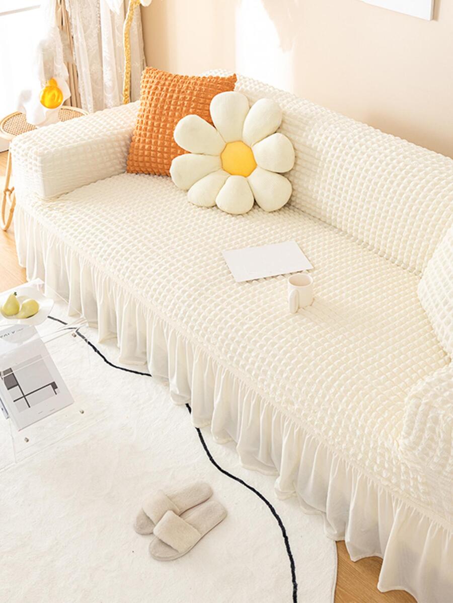 1入組素色沙發套極簡主義滌綸荷葉邊裝飾彈力沙髮沙發套適用於客廳 - 米色 - 查看 1