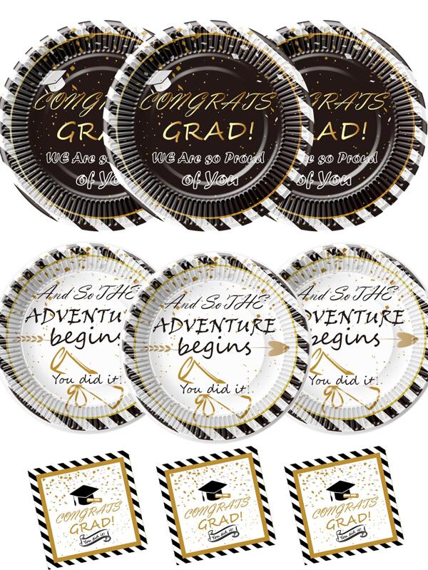 32pcs Graduation Party Disposable Plate And 16pcs Disposable Napkin