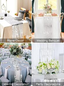 1入組派對桌布裝飾、桌旗、亮片閃光箔金屬薄網布桌旗卷、活動派對、婚禮、生日派對、新年桌旗裝飾 - 銀色 - 查看 2